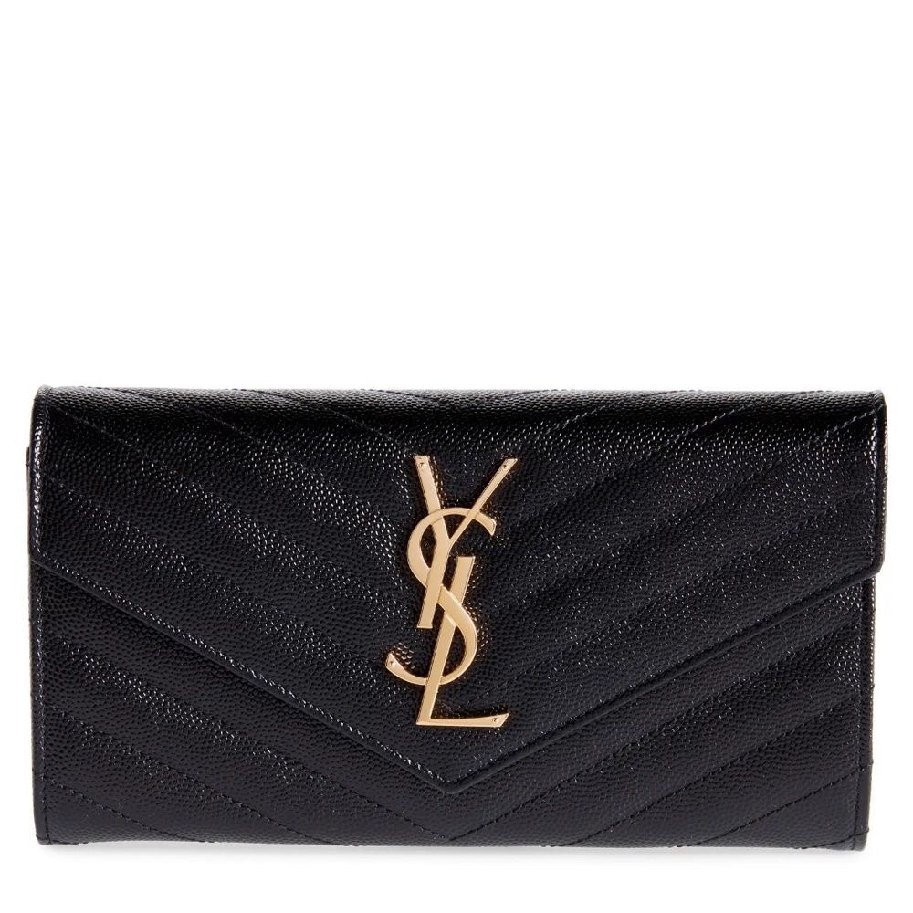 SAINT LAURENT Black Monogramme Logo Leather Flap Wallet